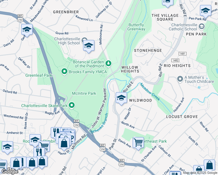 map of restaurants, bars, coffee shops, grocery stores, and more near 106f Melbourne Park Circle in Charlottesville