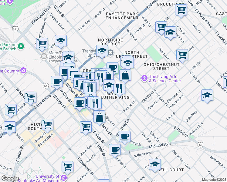 map of restaurants, bars, coffee shops, grocery stores, and more near 194 North Limestone in Lexington