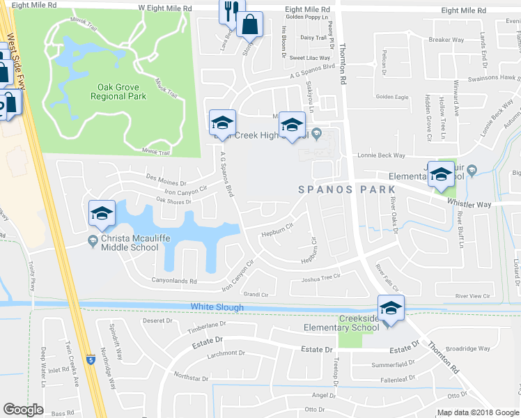 map of restaurants, bars, coffee shops, grocery stores, and more near Ignacio Circle in Stockton