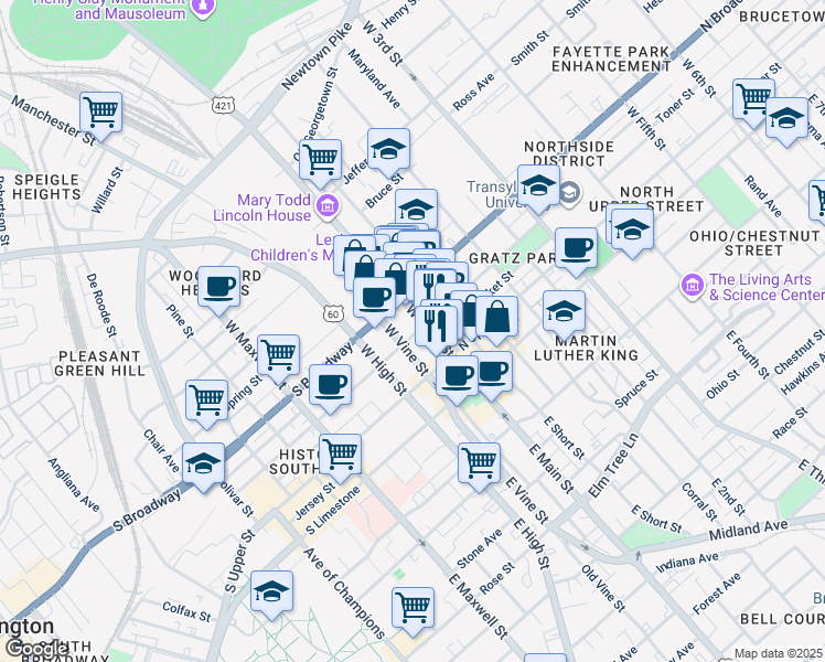 map of restaurants, bars, coffee shops, grocery stores, and more near 250 West Main Street in Lexington