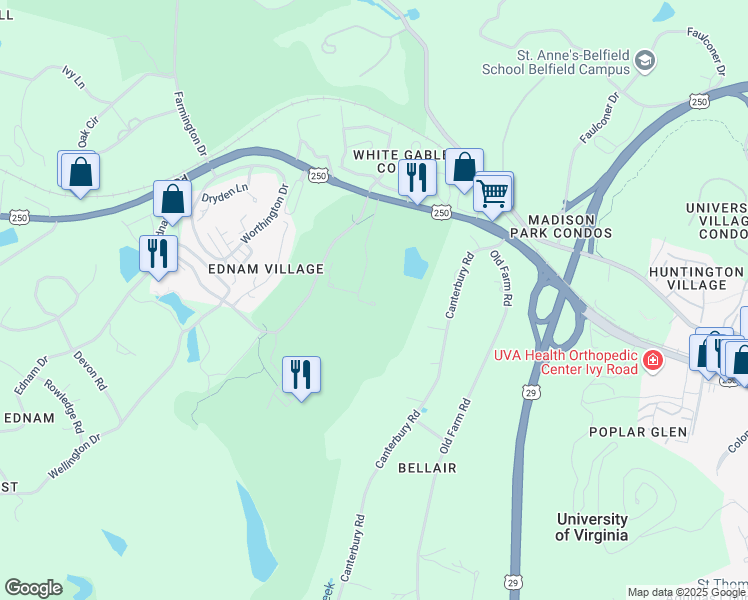 map of restaurants, bars, coffee shops, grocery stores, and more near 457 Birdwood Drive in Charlottesville