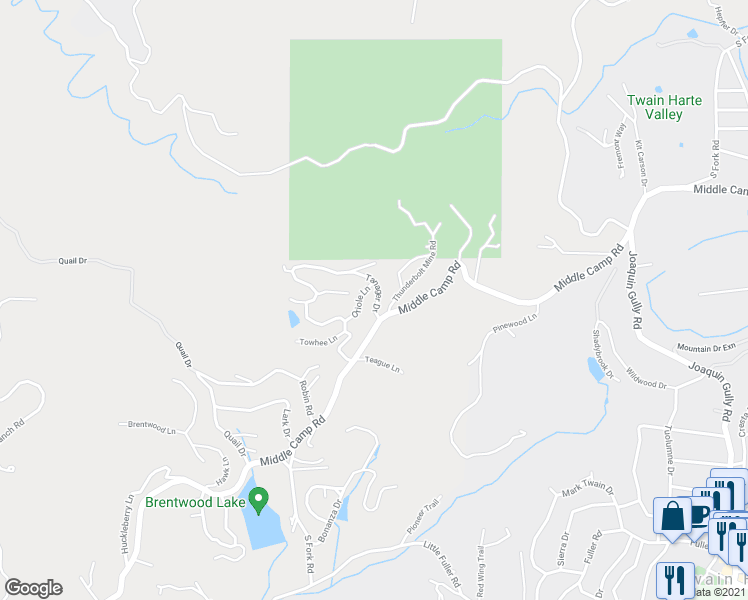 map of restaurants, bars, coffee shops, grocery stores, and more near 23435 Tanager Drive in Twain Harte