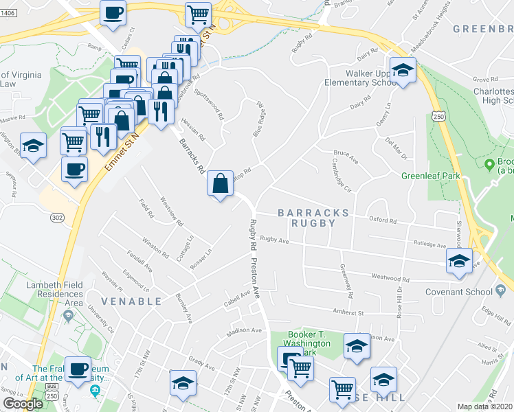 map of restaurants, bars, coffee shops, grocery stores, and more near 1204 Rugby Road in Charlottesville