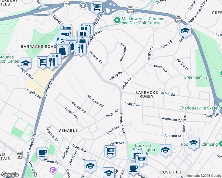 map of restaurants, bars, coffee shops, grocery stores, and more near 116 Howard Drive in Charlottesville