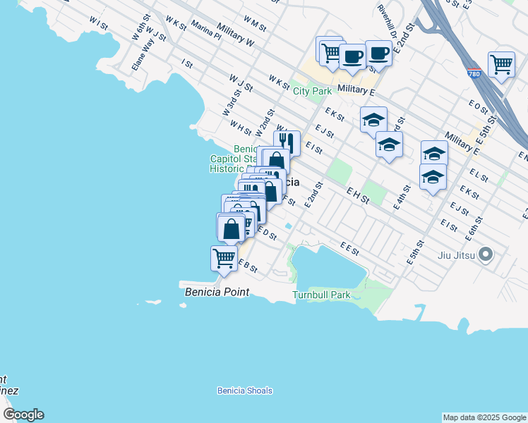 map of restaurants, bars, coffee shops, grocery stores, and more near 440 1st Street in Benicia