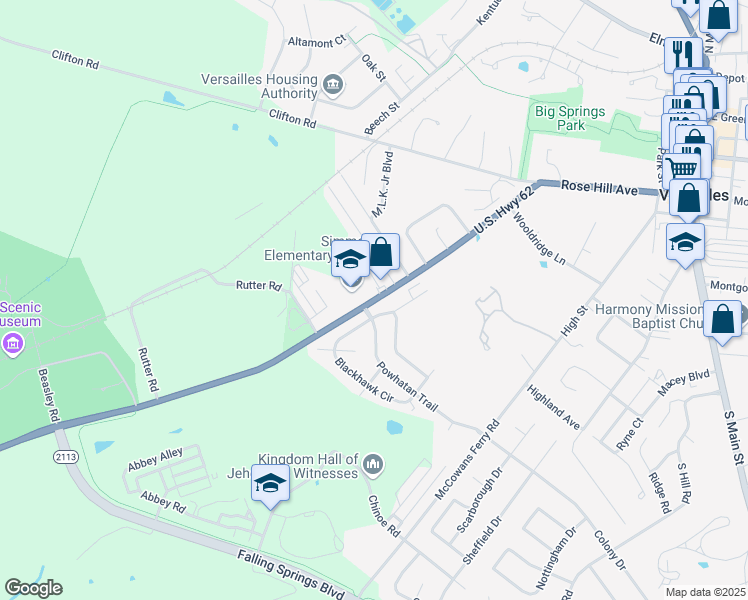 map of restaurants, bars, coffee shops, grocery stores, and more near 830 Tyrone Pike in Versailles