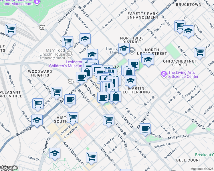 map of restaurants, bars, coffee shops, grocery stores, and more near 201 West Short Street in Lexington