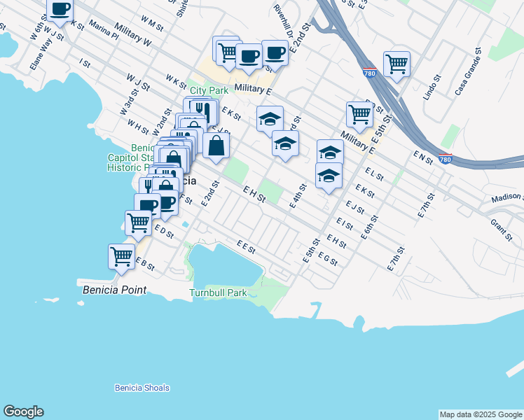map of restaurants, bars, coffee shops, grocery stores, and more near Palm in Benicia