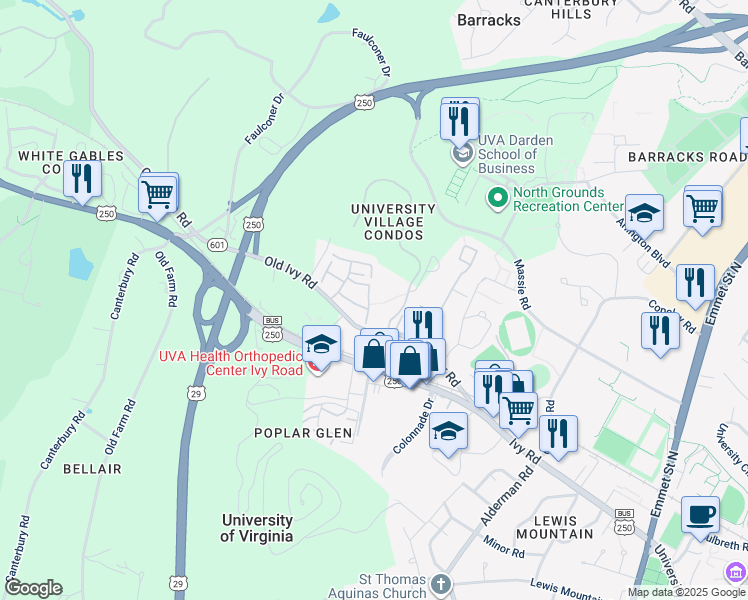 map of restaurants, bars, coffee shops, grocery stores, and more near 152 Harvest Drive in Charlottesville