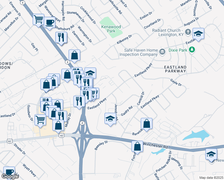 map of restaurants, bars, coffee shops, grocery stores, and more near 1593 Eastland Parkway in Lexington