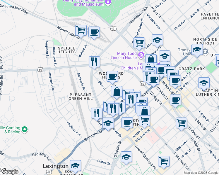 map of restaurants, bars, coffee shops, grocery stores, and more near 409 Patterson Street in Lexington