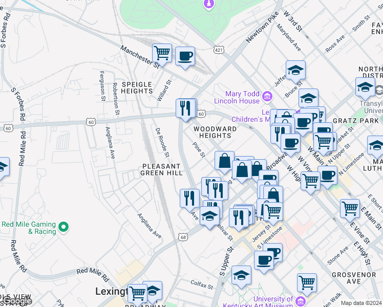 map of restaurants, bars, coffee shops, grocery stores, and more near 513 Merino Street in Lexington