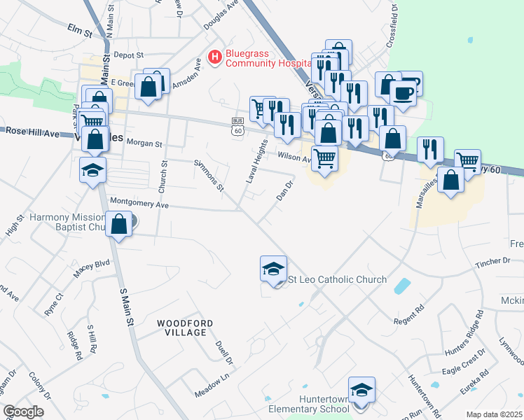 map of restaurants, bars, coffee shops, grocery stores, and more near 302 Spring Court in Versailles