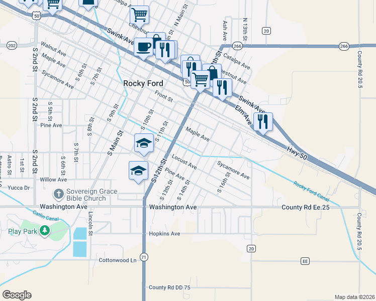 map of restaurants, bars, coffee shops, grocery stores, and more near 500 South 13th Street in Rocky Ford