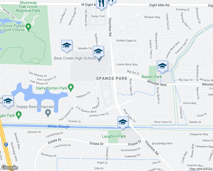 map of restaurants, bars, coffee shops, grocery stores, and more near 3042 White Oak Drive in Stockton