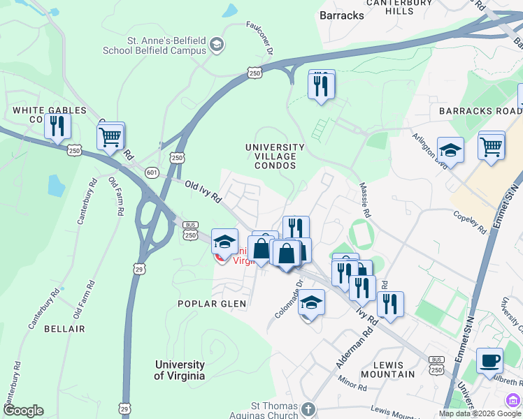 map of restaurants, bars, coffee shops, grocery stores, and more near 112 Harvest Drive in Charlottesville
