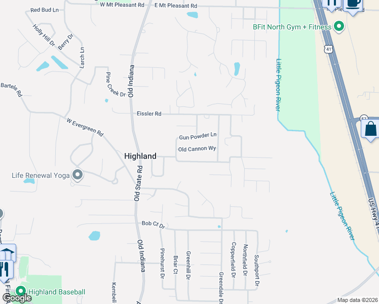 map of restaurants, bars, coffee shops, grocery stores, and more near 424 Strawberry Hill Road in Evansville