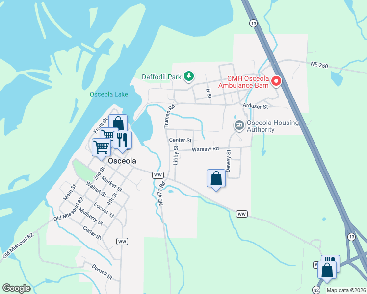 map of restaurants, bars, coffee shops, grocery stores, and more near 235 Warsaw Road in Osceola