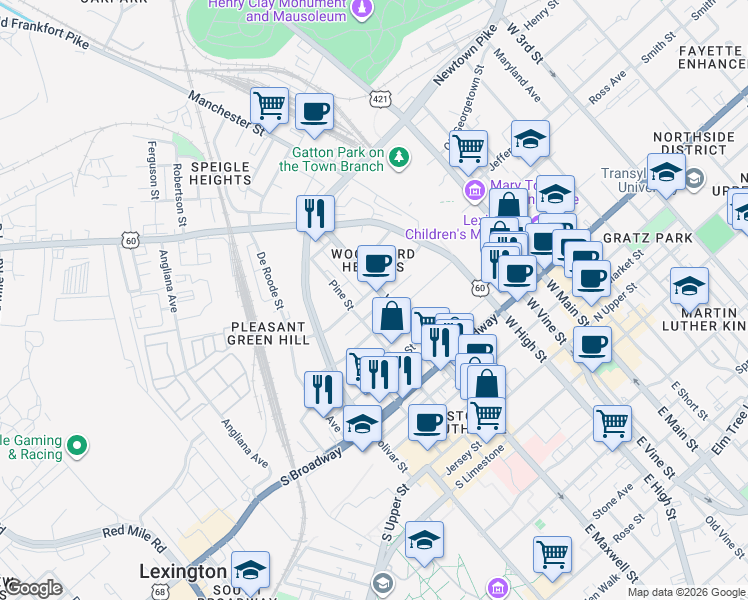 map of restaurants, bars, coffee shops, grocery stores, and more near 409 Patterson Street in Lexington