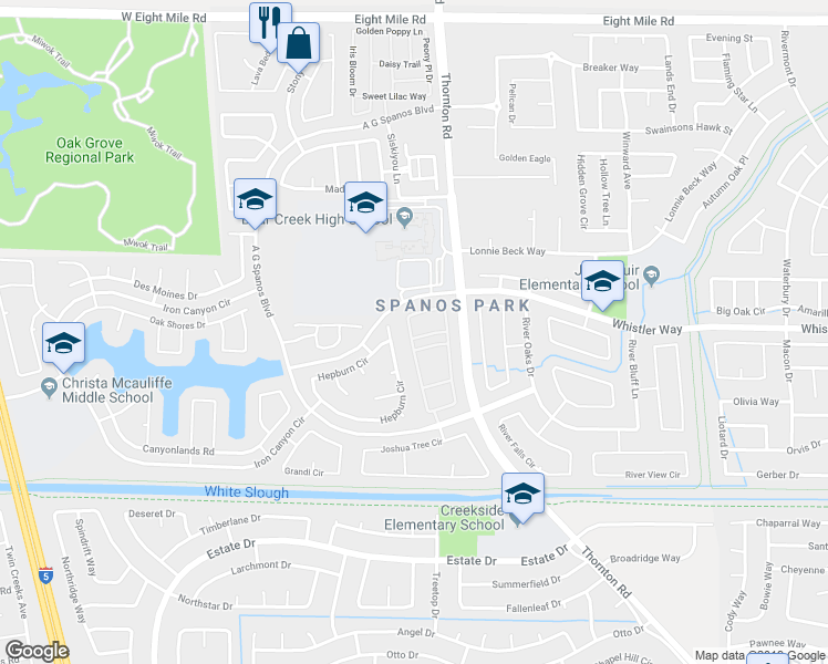 map of restaurants, bars, coffee shops, grocery stores, and more near 3097 White Oak Drive in Stockton