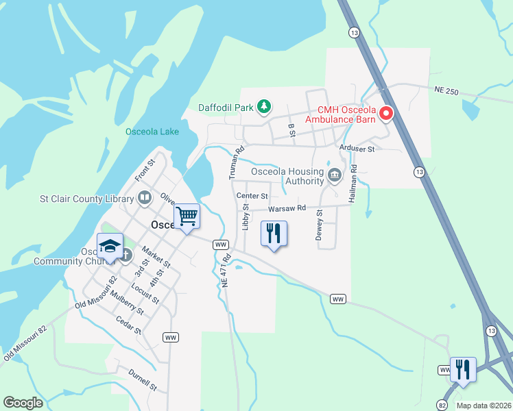map of restaurants, bars, coffee shops, grocery stores, and more near 235 Warsaw Road in Osceola