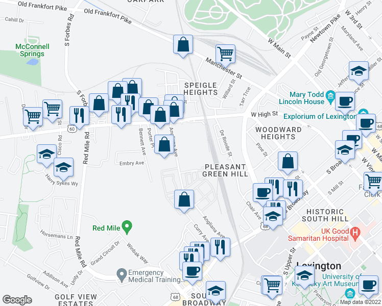 map of restaurants, bars, coffee shops, grocery stores, and more near 845 Angliana Ave in Lexington