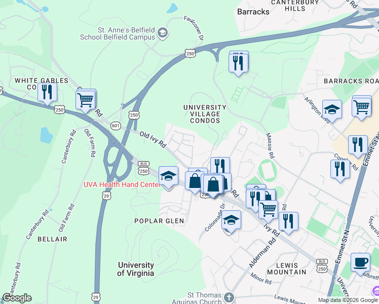 map of restaurants, bars, coffee shops, grocery stores, and more near 112 Harvest Drive in Charlottesville