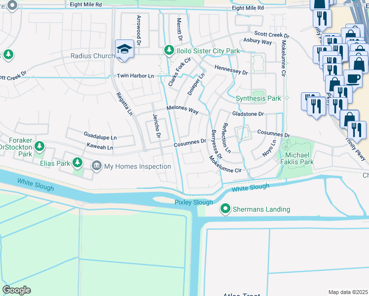 map of restaurants, bars, coffee shops, grocery stores, and more near 5772 Natoma Circle in Stockton