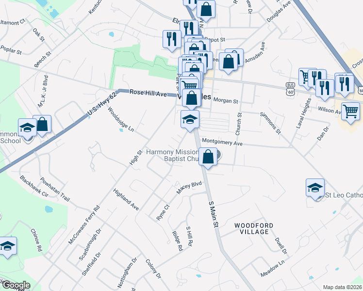 map of restaurants, bars, coffee shops, grocery stores, and more near 124 Macey Avenue in Versailles
