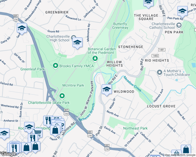 map of restaurants, bars, coffee shops, grocery stores, and more near 106f Melbourne Park Circle in Charlottesville