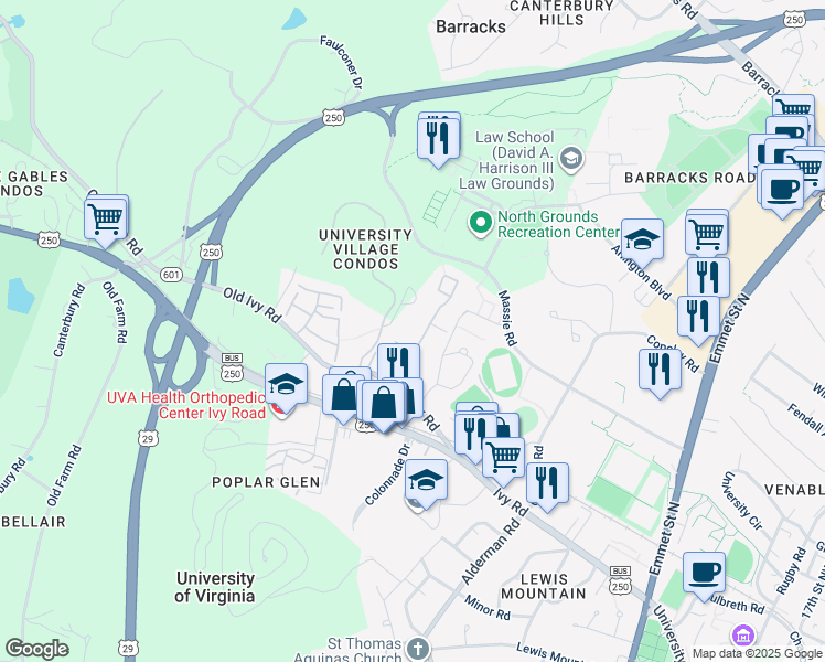 map of restaurants, bars, coffee shops, grocery stores, and more near 111 Ivy Drive in Charlottesville