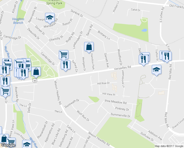 map of restaurants, bars, coffee shops, grocery stores, and more near 712 Whitney Woods Place in Lexington