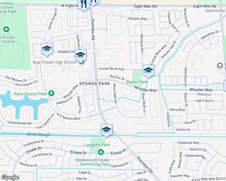 map of restaurants, bars, coffee shops, grocery stores, and more near 10447 River Oaks Drive in Stockton