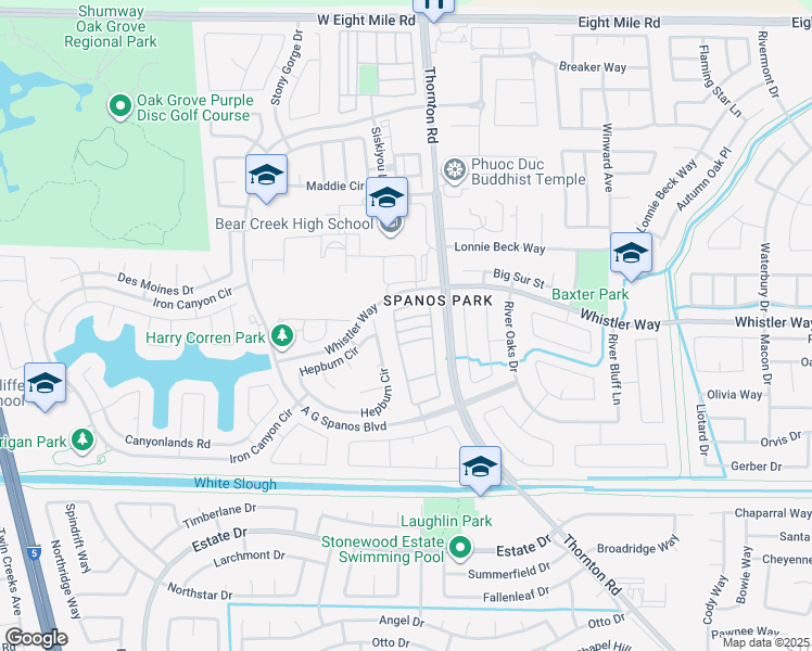 map of restaurants, bars, coffee shops, grocery stores, and more near 3077 White Oak Drive in Stockton