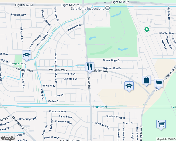 map of restaurants, bars, coffee shops, grocery stores, and more near Davis Rd & Whistler Way in Stockton