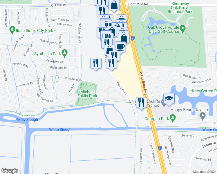 map of restaurants, bars, coffee shops, grocery stores, and more near 5222 Cosumnes Drive in Stockton