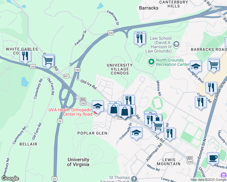 map of restaurants, bars, coffee shops, grocery stores, and more near 155 Harvest Drive in Charlottesville