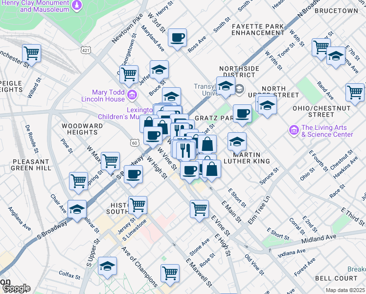 map of restaurants, bars, coffee shops, grocery stores, and more near 115 Cheapside in Lexington