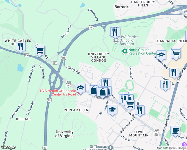 map of restaurants, bars, coffee shops, grocery stores, and more near 155 Harvest Drive in Charlottesville
