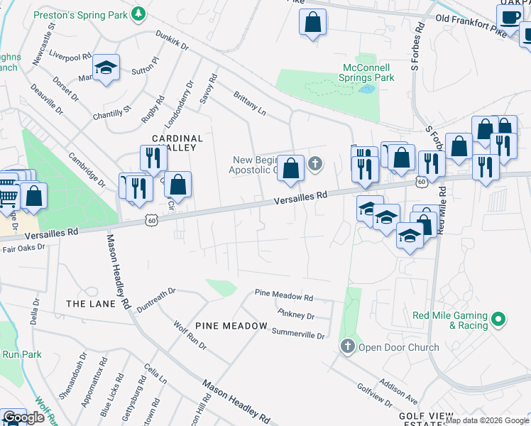 map of restaurants, bars, coffee shops, grocery stores, and more near 708 Hill Rise Court in Lexington