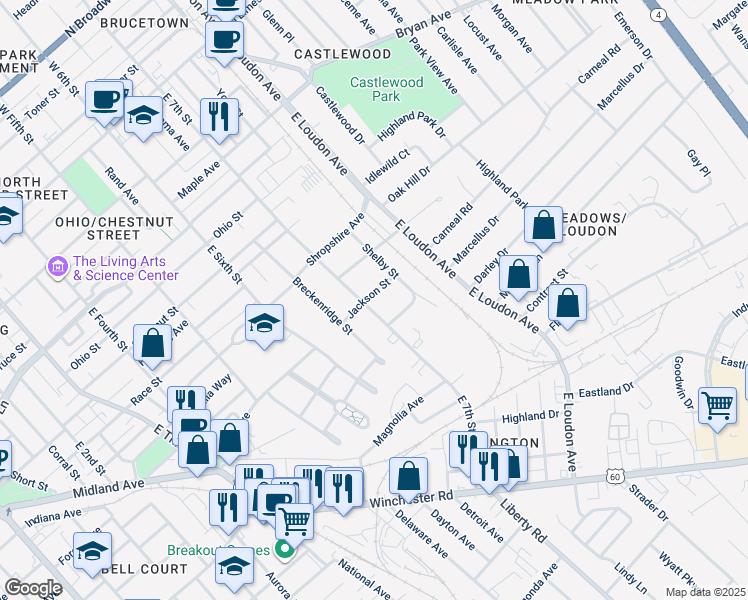 map of restaurants, bars, coffee shops, grocery stores, and more near 646 Jackson Street in Lexington