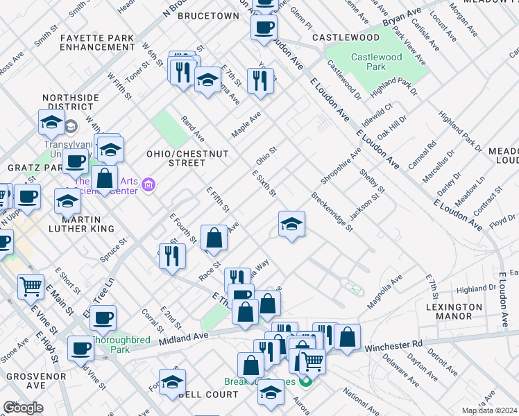 map of restaurants, bars, coffee shops, grocery stores, and more near 524 Pemberton Street in Lexington