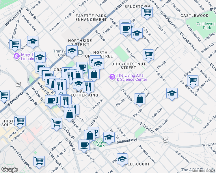 map of restaurants, bars, coffee shops, grocery stores, and more near 259 East Third Street in Lexington