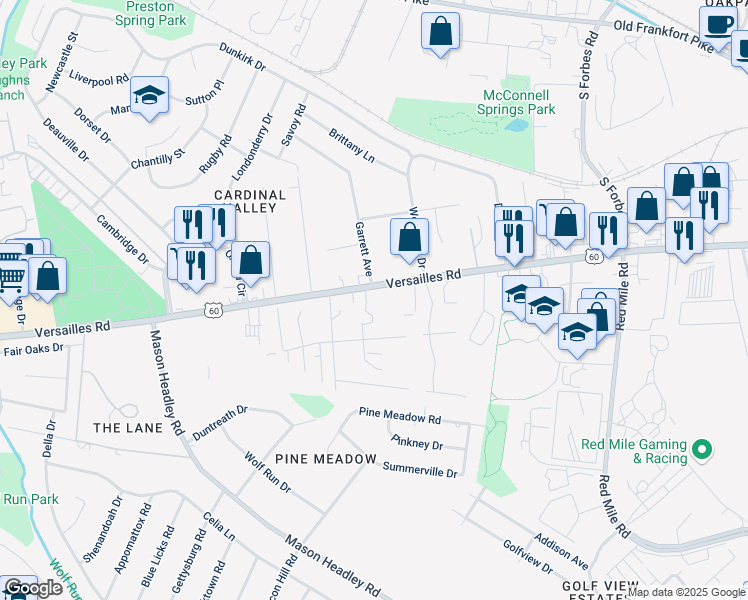 map of restaurants, bars, coffee shops, grocery stores, and more near 708 Hill Rise Court in Lexington