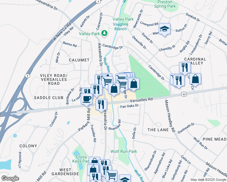 map of restaurants, bars, coffee shops, grocery stores, and more near 2233 Versailles Road in Lexington