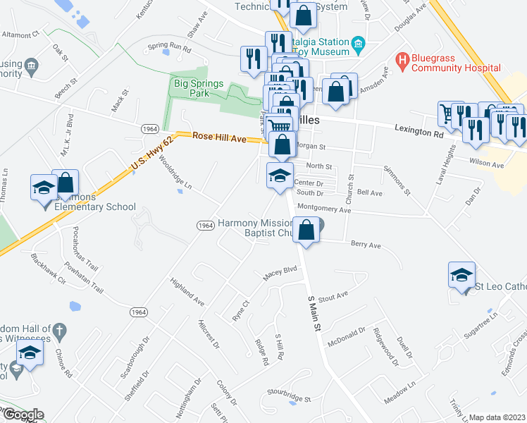 map of restaurants, bars, coffee shops, grocery stores, and more near 170 Macey Avenue in Versailles