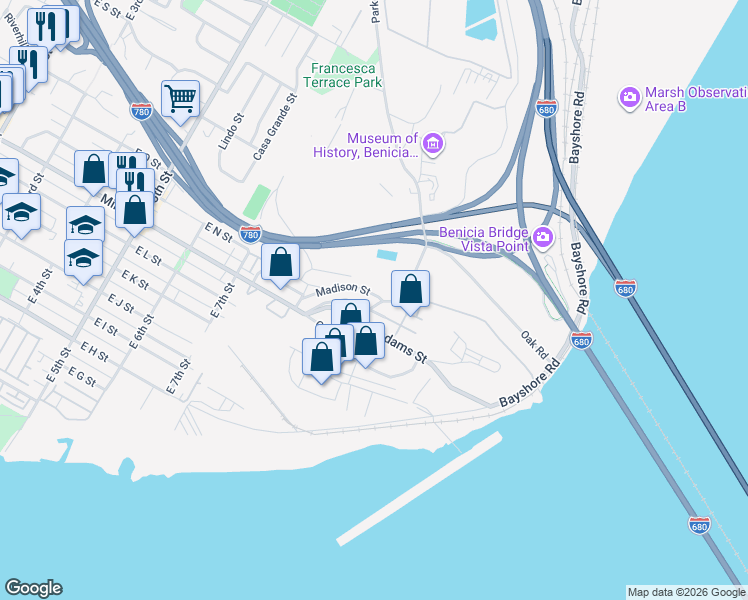 map of restaurants, bars, coffee shops, grocery stores, and more near 938 Adams Street in Benicia