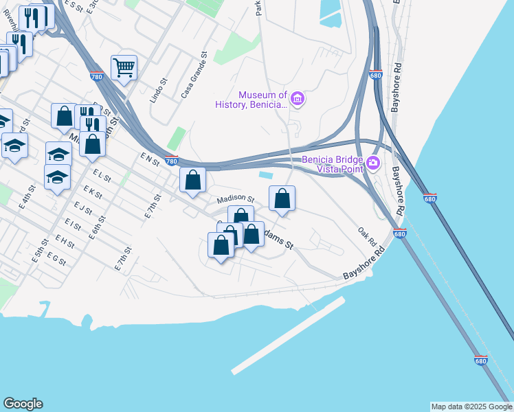 map of restaurants, bars, coffee shops, grocery stores, and more near 1451 Park Road in Benicia