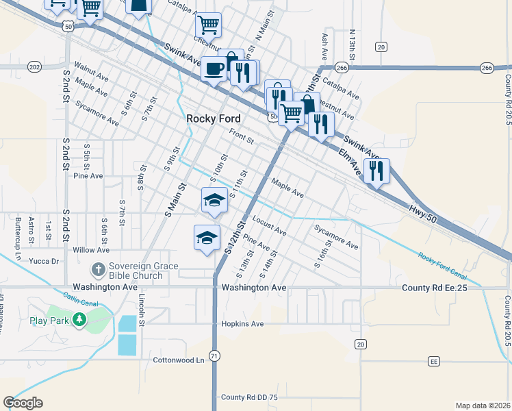 map of restaurants, bars, coffee shops, grocery stores, and more near 1250-1298 Locust Avenue in Rocky Ford