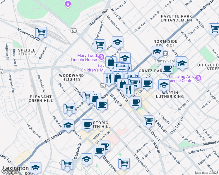 map of restaurants, bars, coffee shops, grocery stores, and more near 399 W High St in Lexington